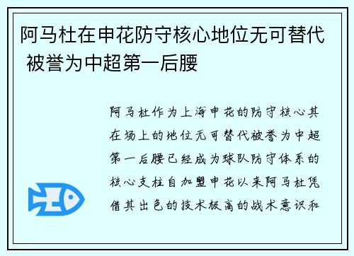 阿马杜在申花防守核心地位无可替代 被誉为中超第一后腰